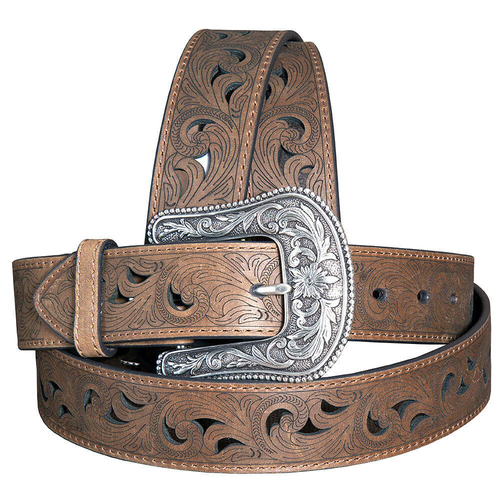 U-02-M MEDIUM ARIAT 1-1/2" PAISLEY SCROLL WORK LEATHER LADIES BELT W ...