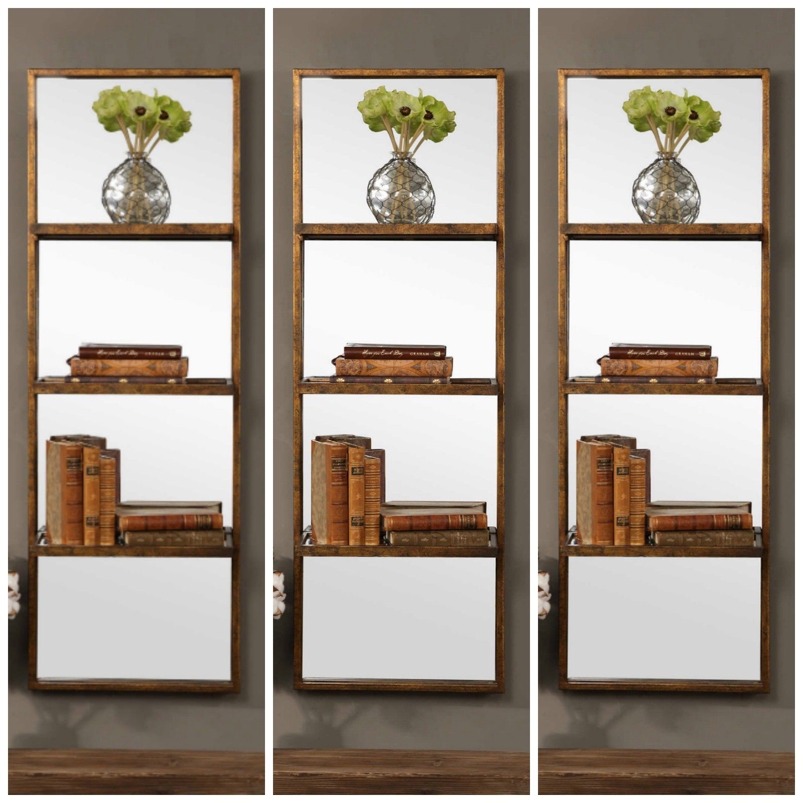 THREE 47" RUSTIC AGED BRONZE METAL MIRRORED SHELVES & BACK WALL SHELF