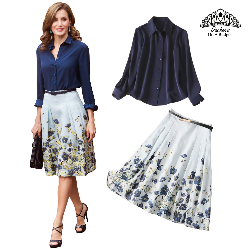Royal Queen Letizia Style Deep Blue Satin Blouse & Floral Print High Waist Skirt