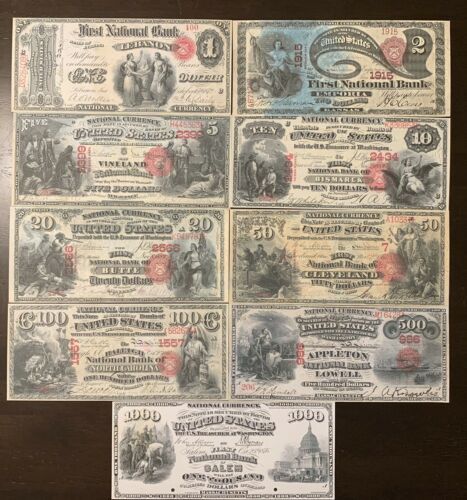 Reproduction Full Set 1875 Series National Banknotes $1-$1000 See Description