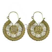 Metal Tribal Hoops Earrings Lotus Flower Design Gold Plated Traditional Jewellry - $9.65