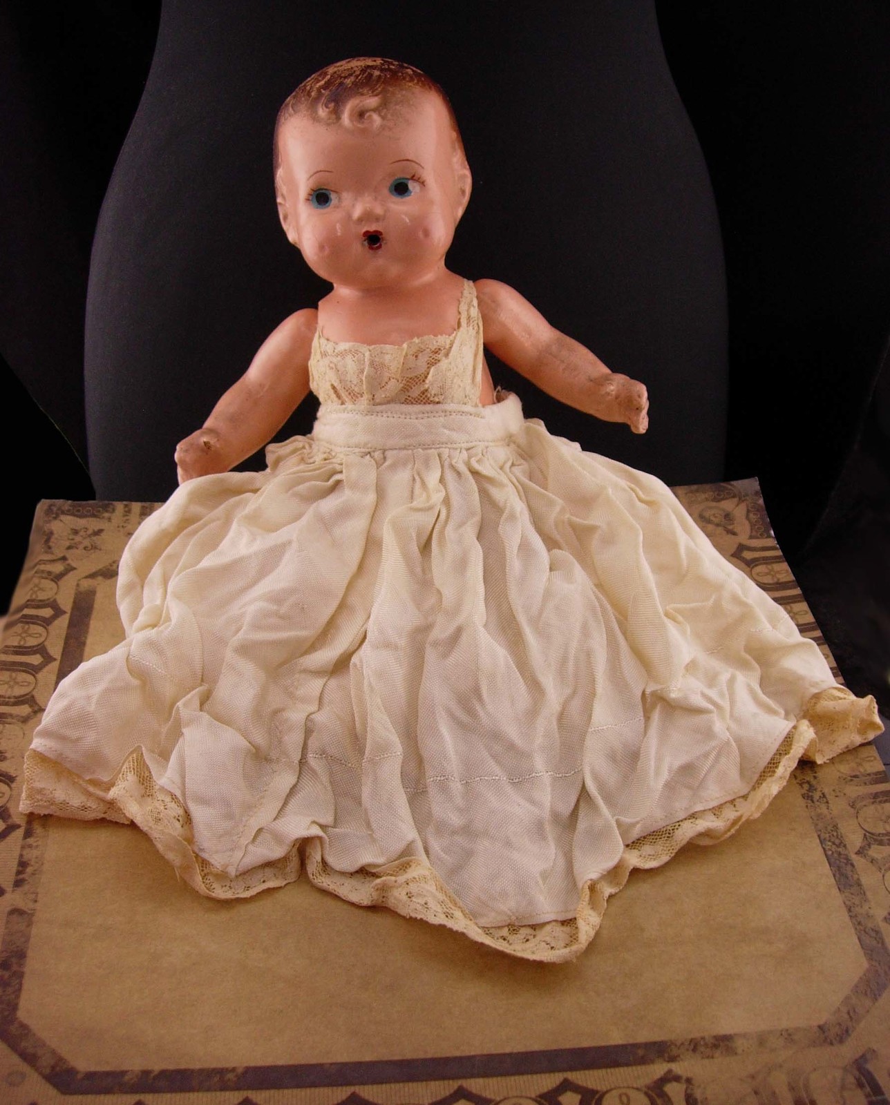 Primary image for Antique 1920's composition open mouth baby Doll - vintage 9" jointed creepy doll
