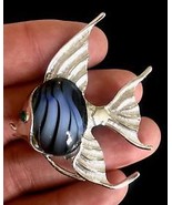 ANGEL FISH Vintage BROOCH Pin in Silver-Tone Blue Glass and Green Rhines... - $22.00