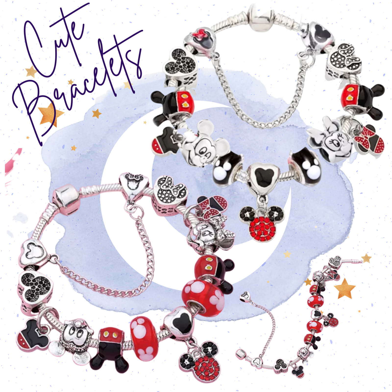 Handmade Disney Themed Mickey and Minnie Themed Charm Bracelets
