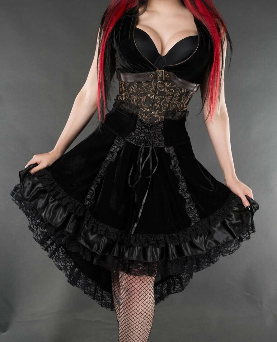 Black Velvet Ruffle Trim Short Skirt Corset Lace up Layered Victorian Goth Skirt Women's Clothing
