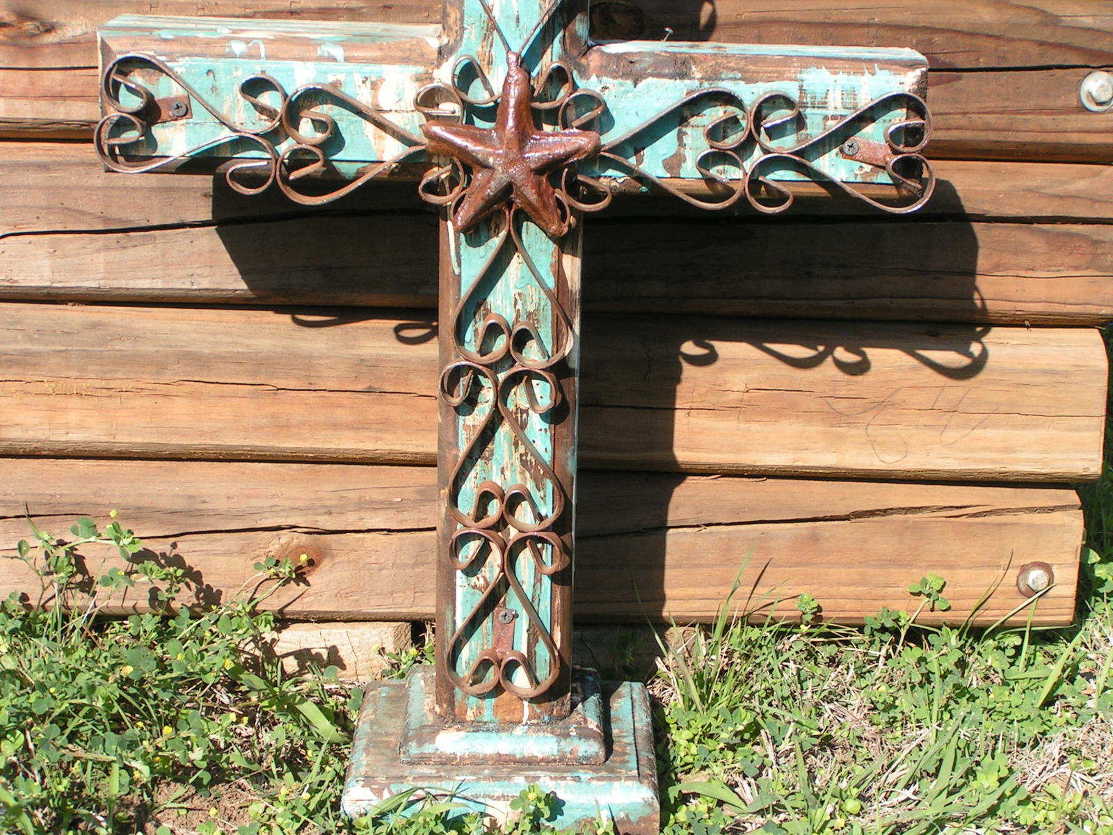 Large Distressed Wooden Cross Scrolled Iron And 50 Similar Items