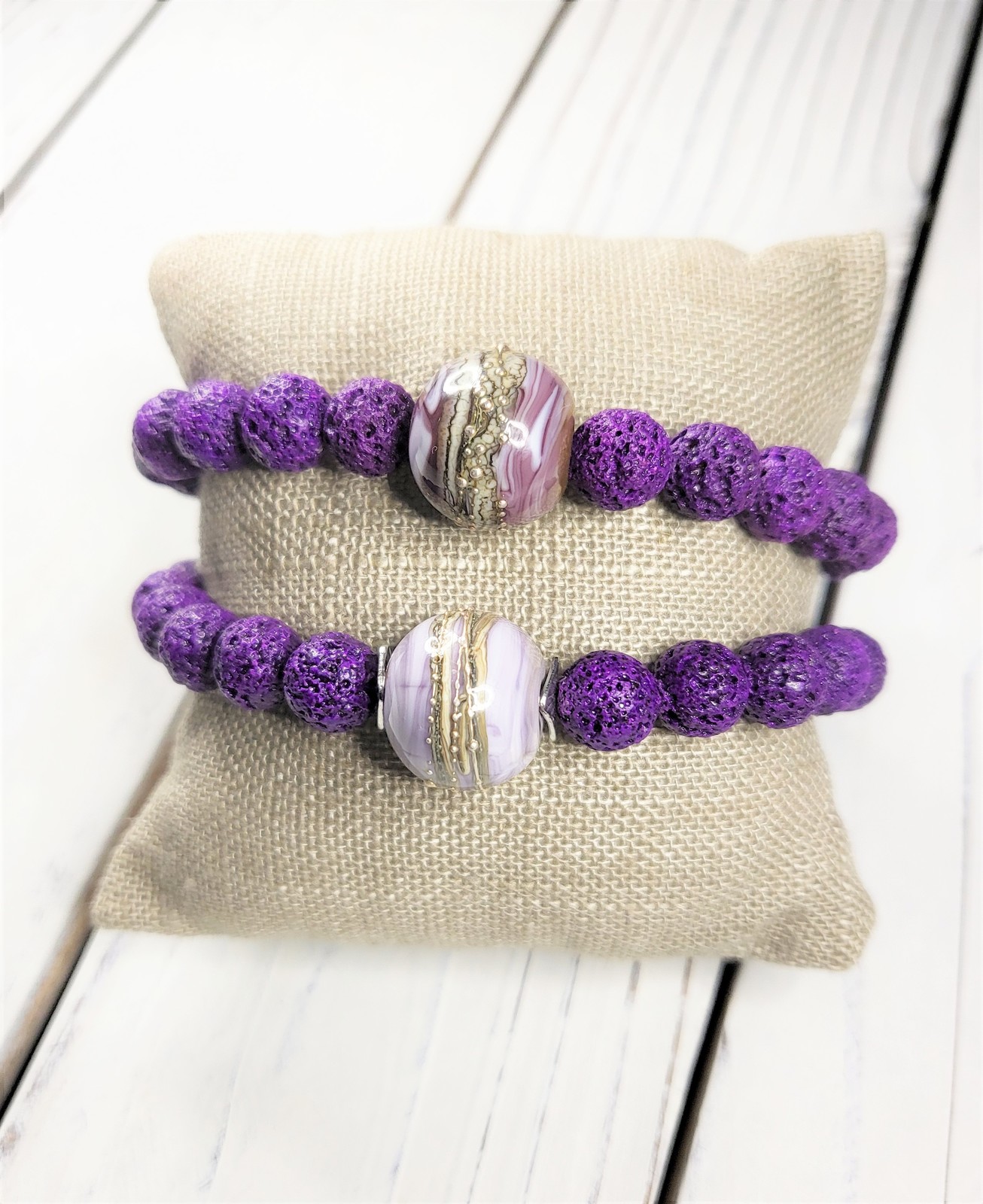 Purple Lava Rock and Spectacular Lampwork Bead Stretch Bracelets Handcrafted