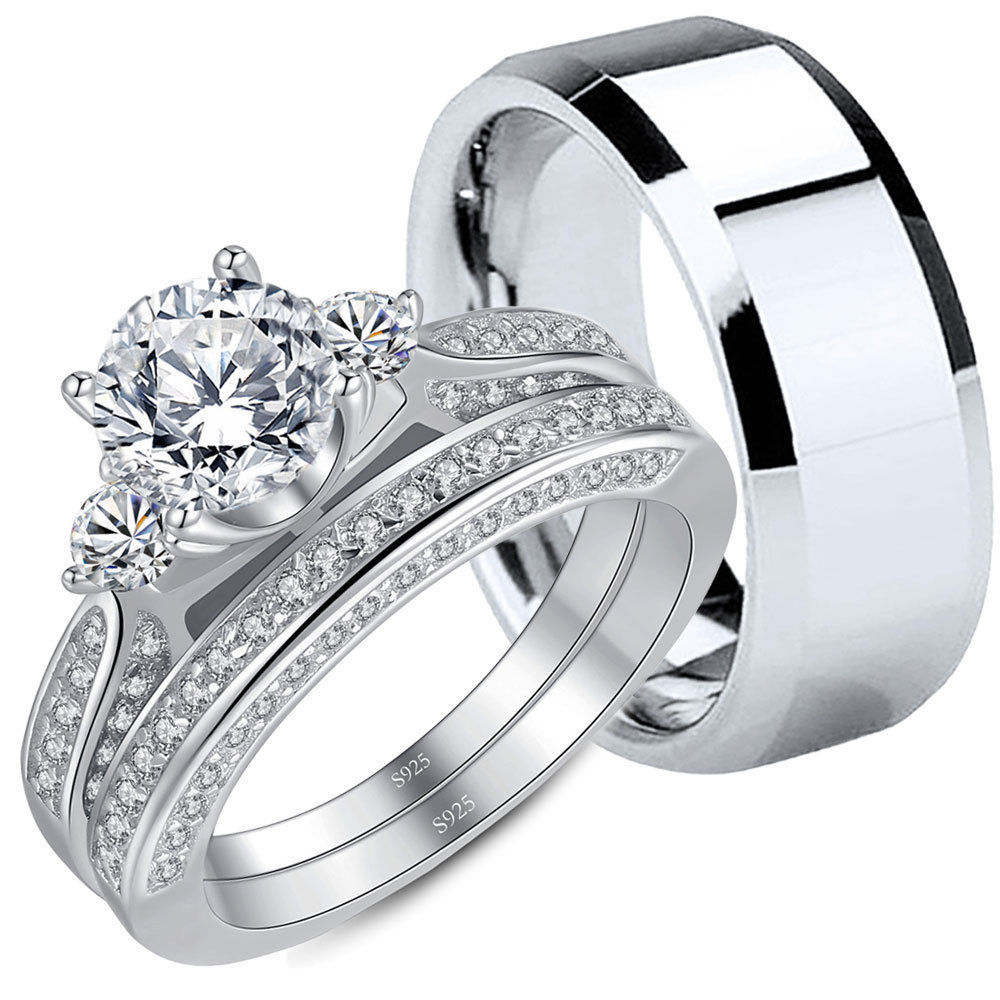 Couple Rings Stainless Steel Ring for Men Three Stone Sterling Silver for Women