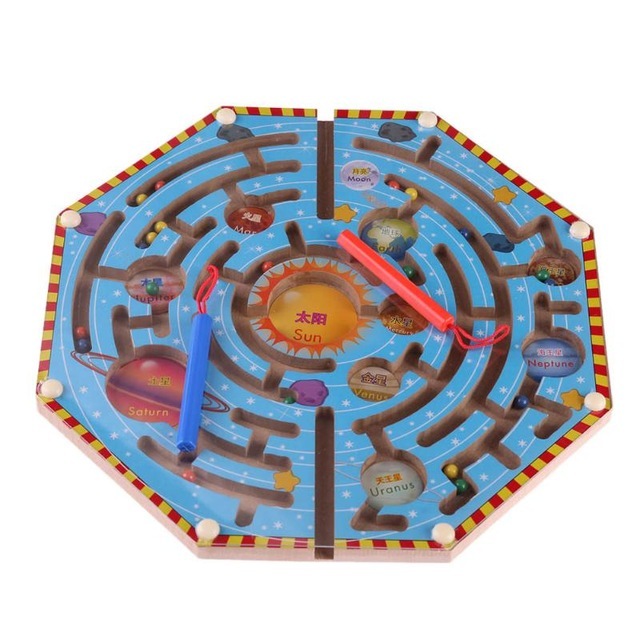 Children Wooden Maze Circular Track Beads Pens Moving