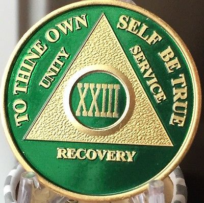 23 Year AA Medallion Green Gold Plated Alcoholics Anonymous Sobriety Chip Coin