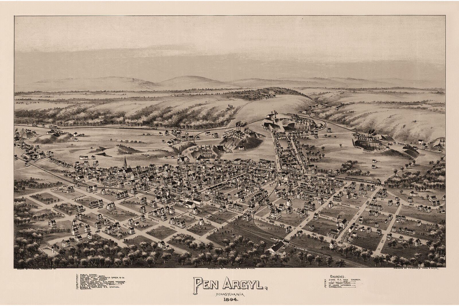 Pen Argyl, Pennsylvania. Antique Birdseye Map; 1894 - Posters & Prints