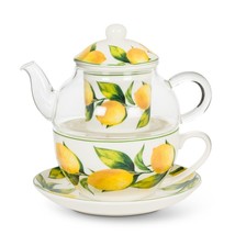 Lemon Tea for One Teapot 5 Piece Set Tree 12 oz Bone China Glass Yellow White
