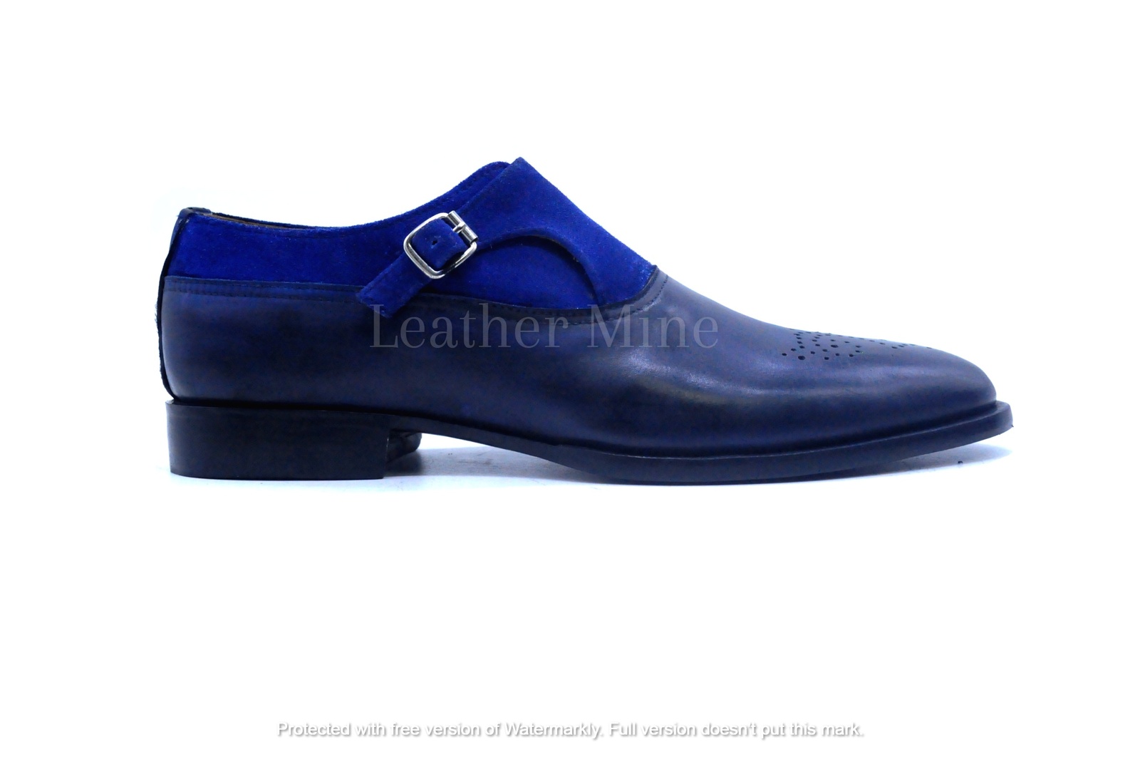 Handmade Blue Suede Monk Strap Dress Shoes, Genuine Leather Formal Shoes