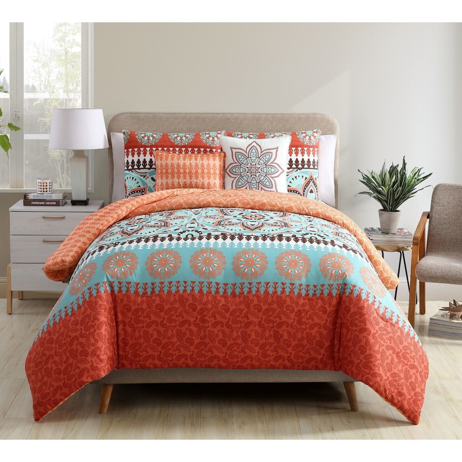 Twin XL Full Queen King Bed Orange Blue Paisley Boho Medallion 5pc