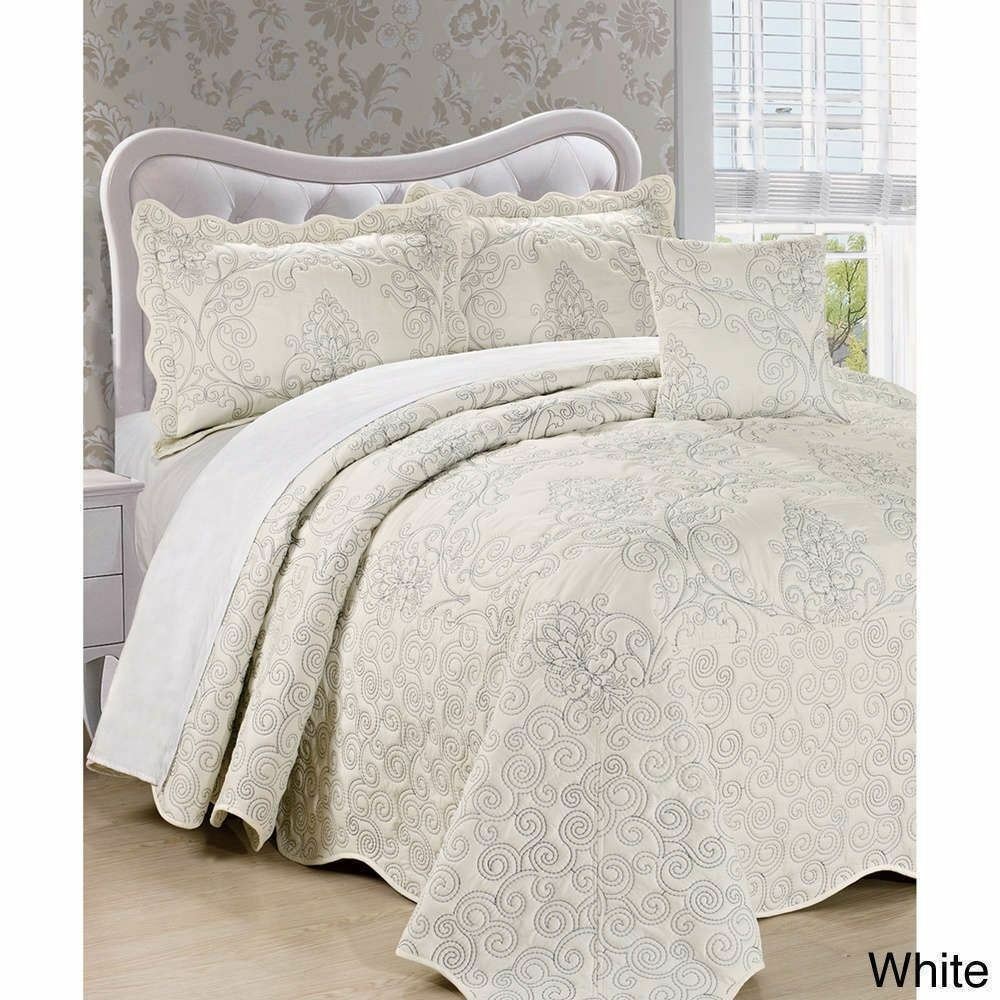 Queen King Bed Solid Off White Embroidered 4 pc Quilt Set Coverlet ...