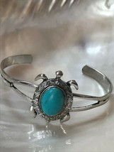 Vintage Split Silvertone with Faux Turquoise Turtle Medallion Cuff Bracelet – - $12.19