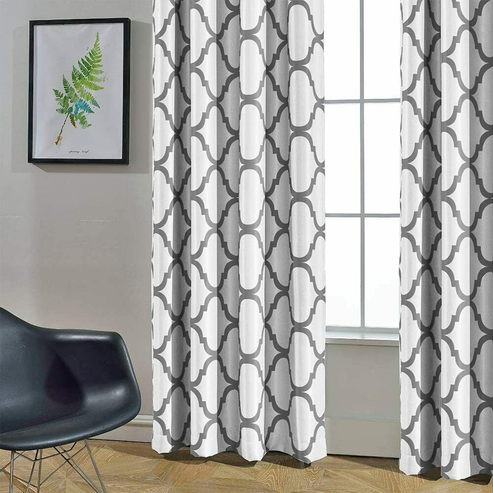 Set 2 Window Curtains Drapes 63" x 52" Gray & White Geometric Moroccan