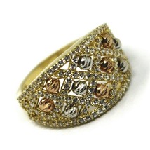 SOLID 18K YELLOW WHITE ROSE GOLD BAND RING WITH CUBIC ZIRCONIA, FACETED BALLS image 1