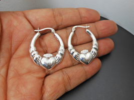 Claddagh Hoop Earrings, 925 Sterling Silver, Women Textured Heart Earrin... - $35.00+