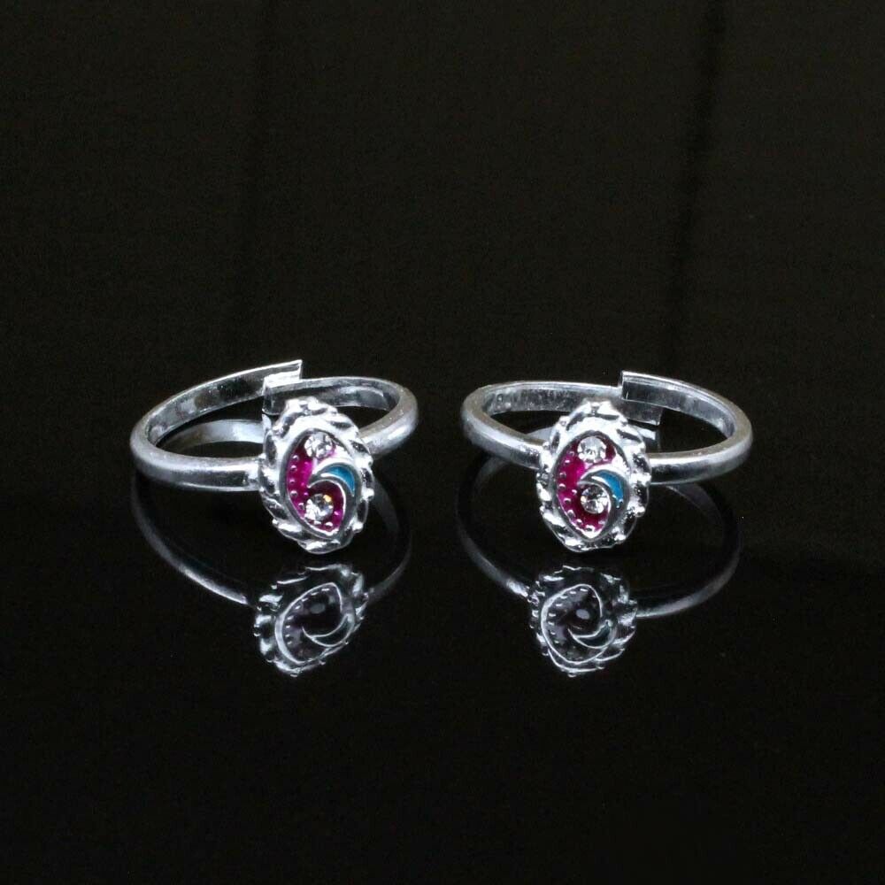 Indian Handmade Crystal Toe Ring Pair Real Solid Silver bichhiya for women