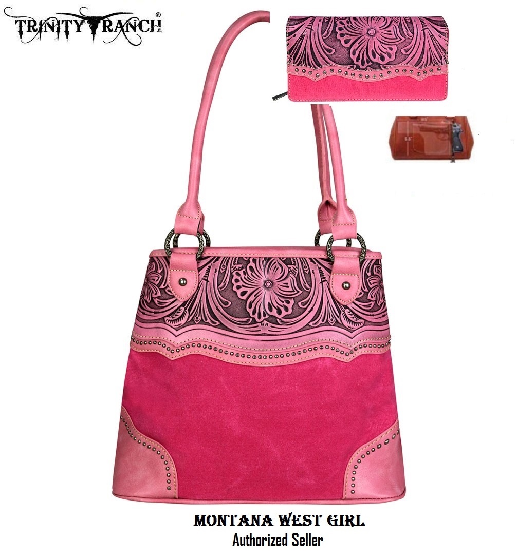 Trinity Ranch Concealed Carry Leather Tooled Hot Pink Satchel Bag