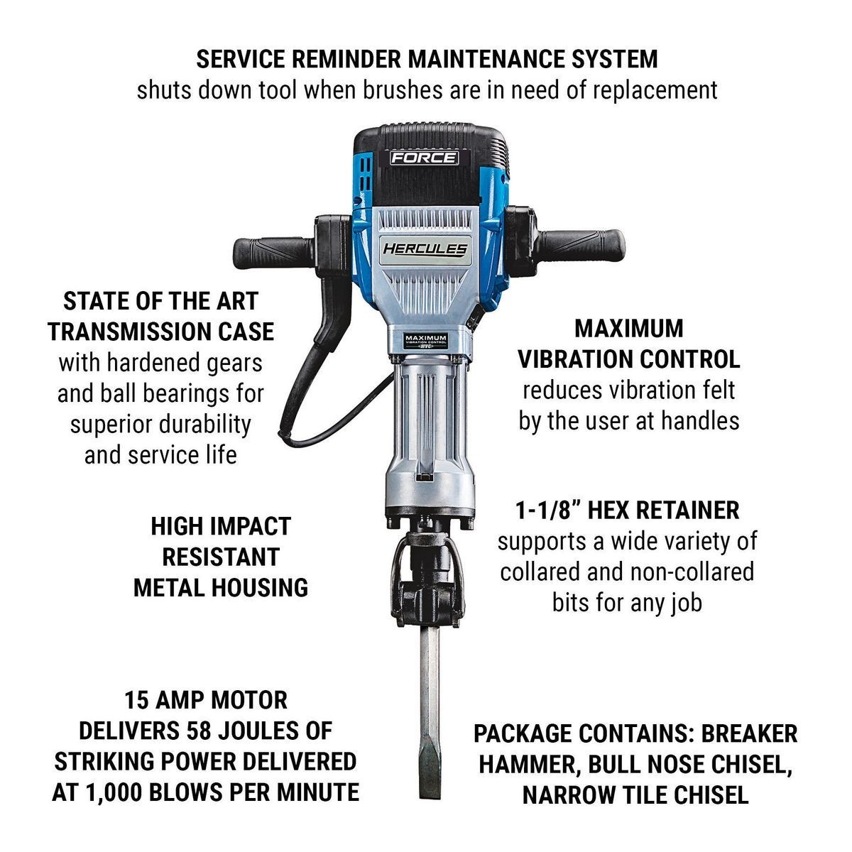 HERCULES 11/8 In. Hex Breaker Hammer With Maximum Vibration Control