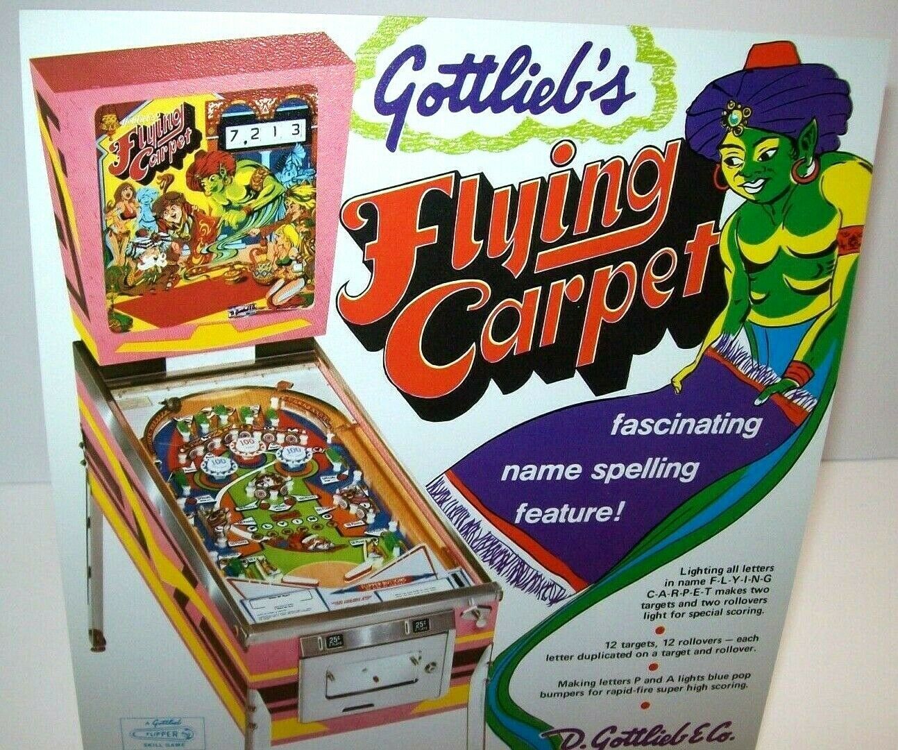 Flying Carpet Pinball FLYER Original 1972 Gottlieb Game Genie Magic ...