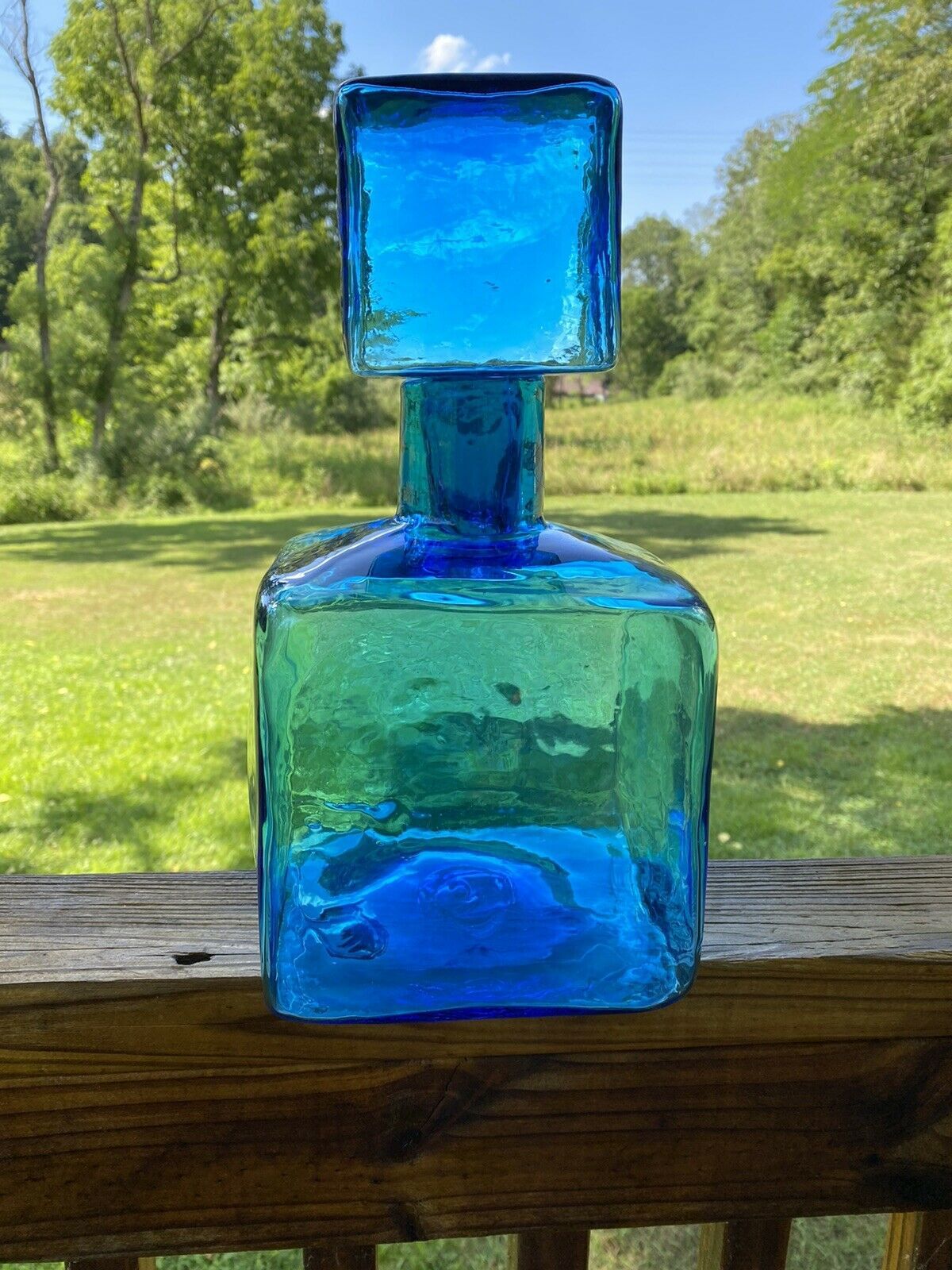 Blenko Glass Large Block Decanter Turquoise 3818 Blenko