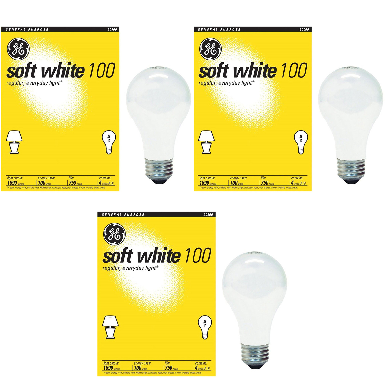Pack of (3) New GE 41036 100-Watt A19, Soft White