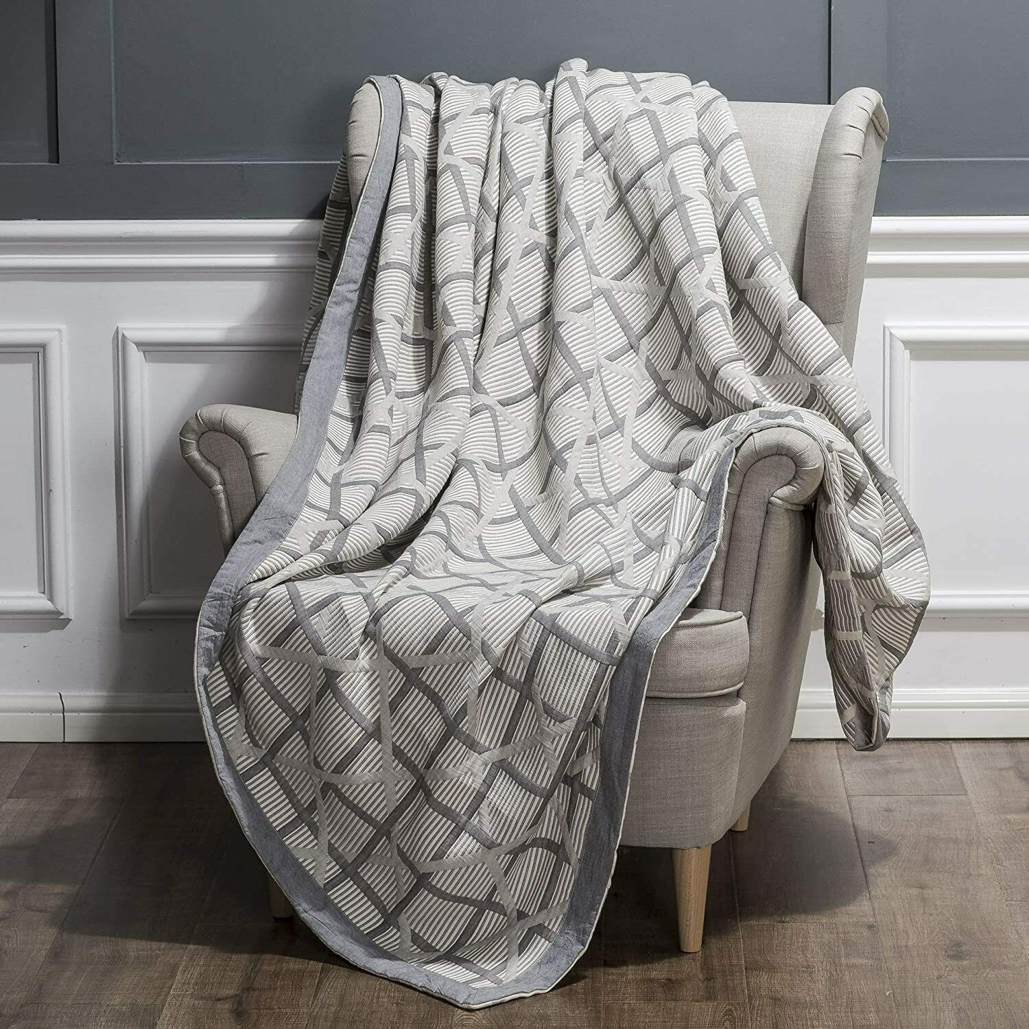 King Muslin Blanket Gray Cotton 106 x 92 Plaid Soft Shabby Chic Blanket