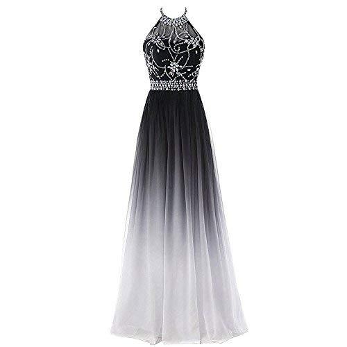 Kivary Sheer Beaded Halter Gradient Ombre Chiffon Long Prom Evening Dress Black