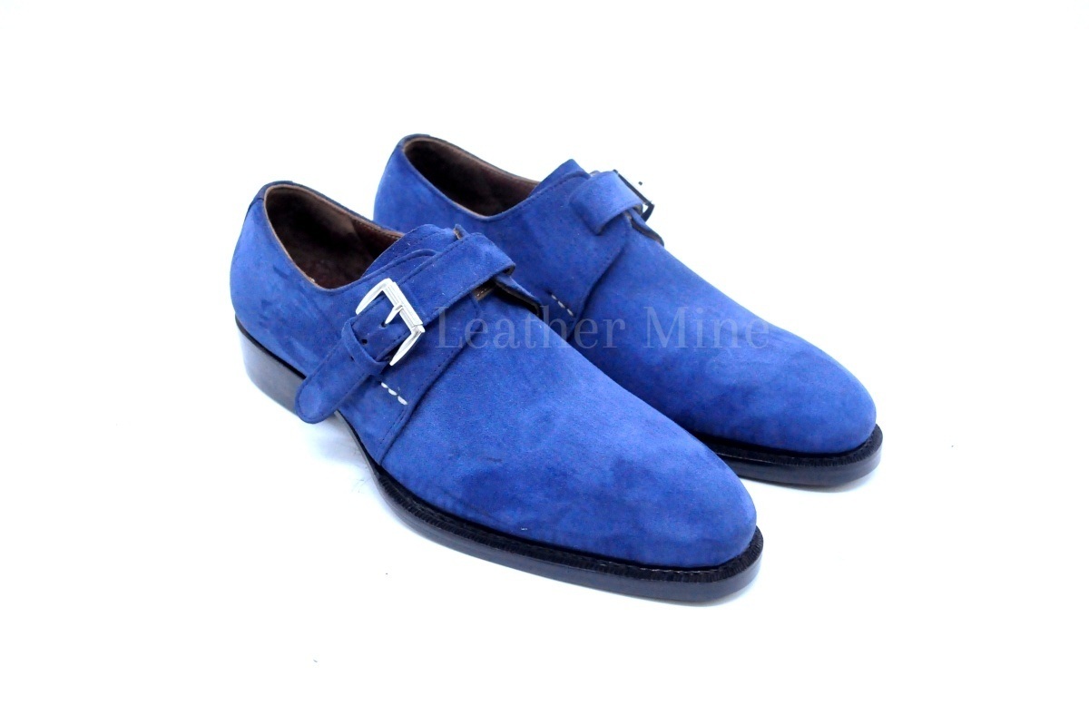 Men's Handmade Blue Suede Leather Monk Strap Dress Shoes