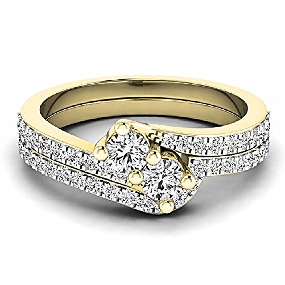 Beautiful Rd White Cz Dia. 14K Yellow Gold Fn Bypass Bridal Engagement ...