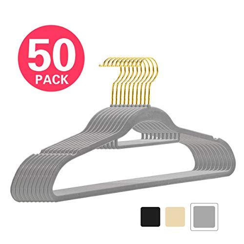 MIZGI Premium Velvet Hangers 50 Pack Gray Gold Hooks NonSlip
