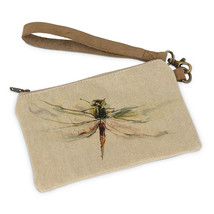  Dragonfly Zip Pouch with Leather Carrying Strap Flax Color Zipper Closure Lined image 2