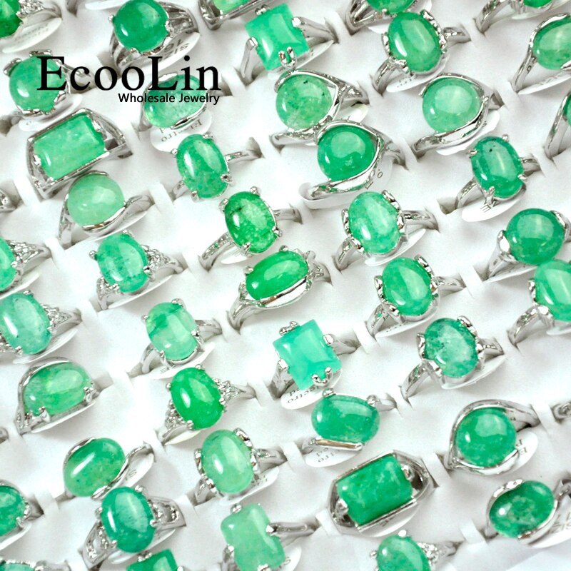 15Pcs Green Natural Stone Silver Plated Women Rings For Woman Fashion Wholesale