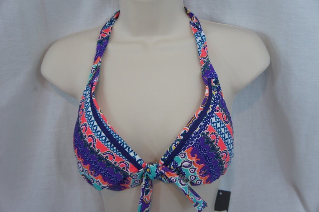 Image of Kenneth Cole Reaction Bikini Top Sz M Purple Multi Halter Swimwear Swim Top