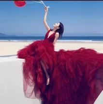 WINE RED Detachable Tulle Maxi Skirt Gowns Wedding Photo Prop Tiered Tulle Skirt