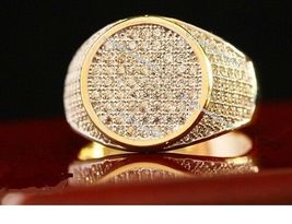 14K YELLOW GOLD FINISH PAVE ROUND DIAMOND ENGAGEMENT WEDDING PINKY MEN&#39;S... - $174.99