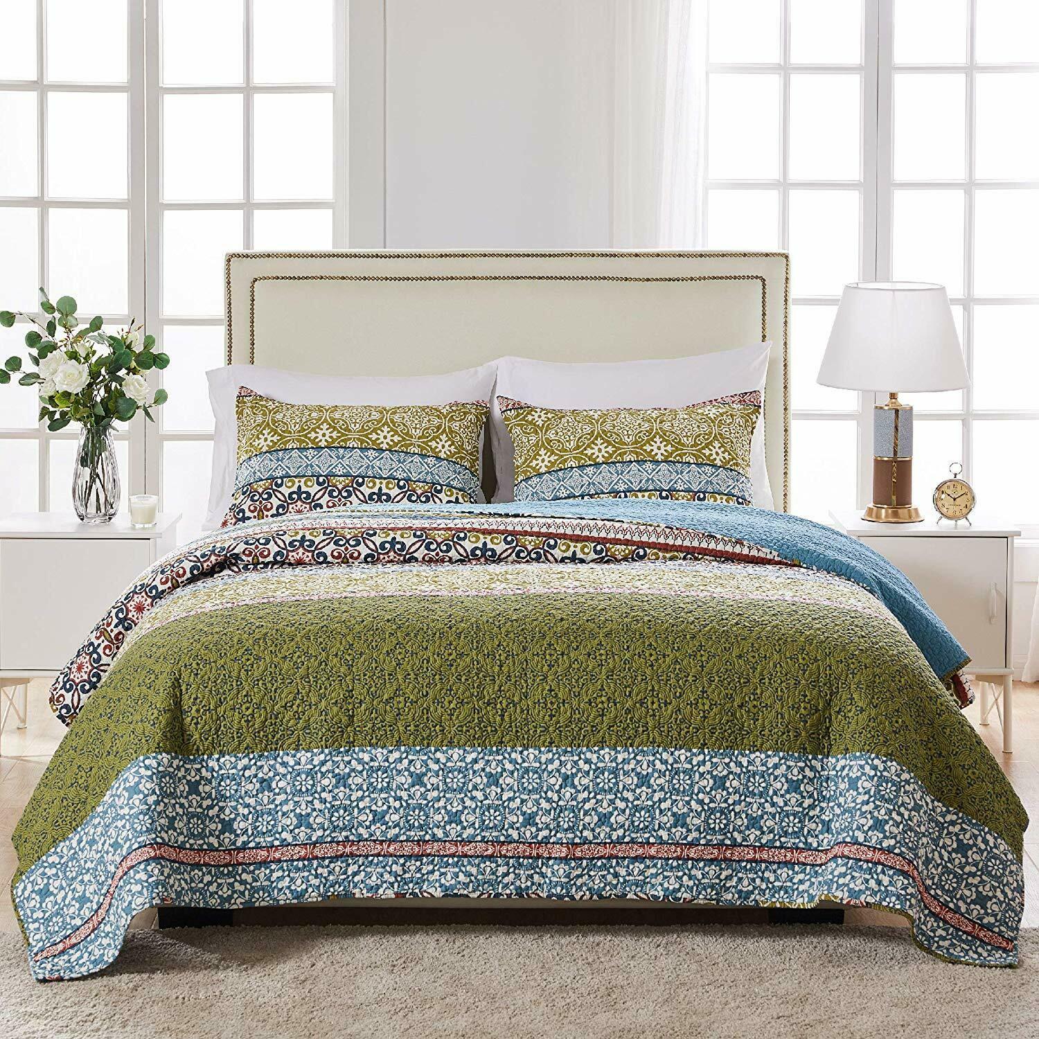 Nice Queen Quilt Set 100% Cotton Green Colorful Bedding ...