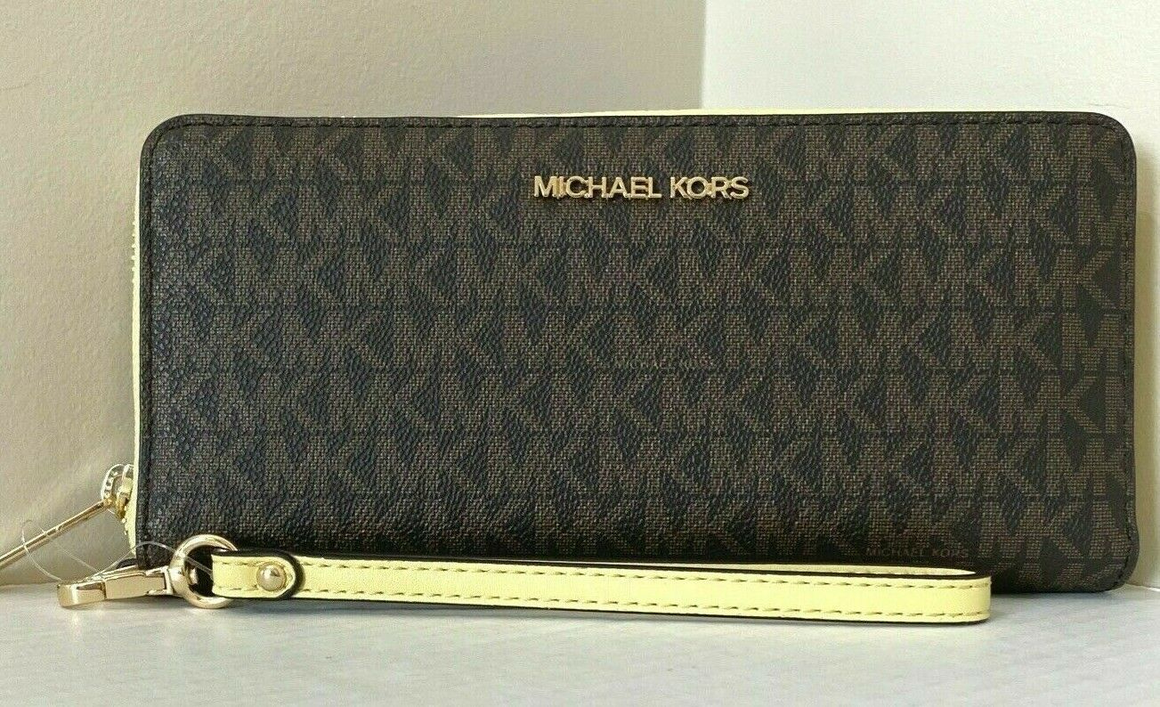 Michael Kors Large Continental Wallet Signature Brown Yellow Wristlet NWT FS