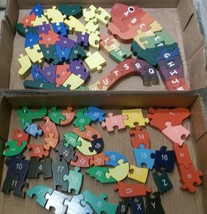 95 Pieces Shaped Wood Alphabet Puzzles Alligator Cat Giraffe Mixed Lot - $12.86