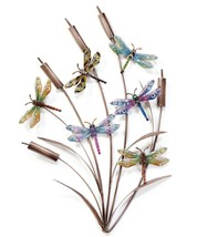 Dragonfly with Cattails Wall Plaque  28.7" High All Metal With 6 Dragonflies