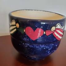 Hand Painted Stoneware Bowl or Planter, 6", Blue, Red Heart and Angels, Folk Art image 6