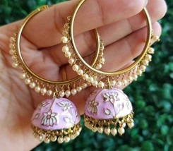 Indian Bollywood Style Enameled Bali Hoop Jhumka Earrings Light Pink Jew... - $19.33