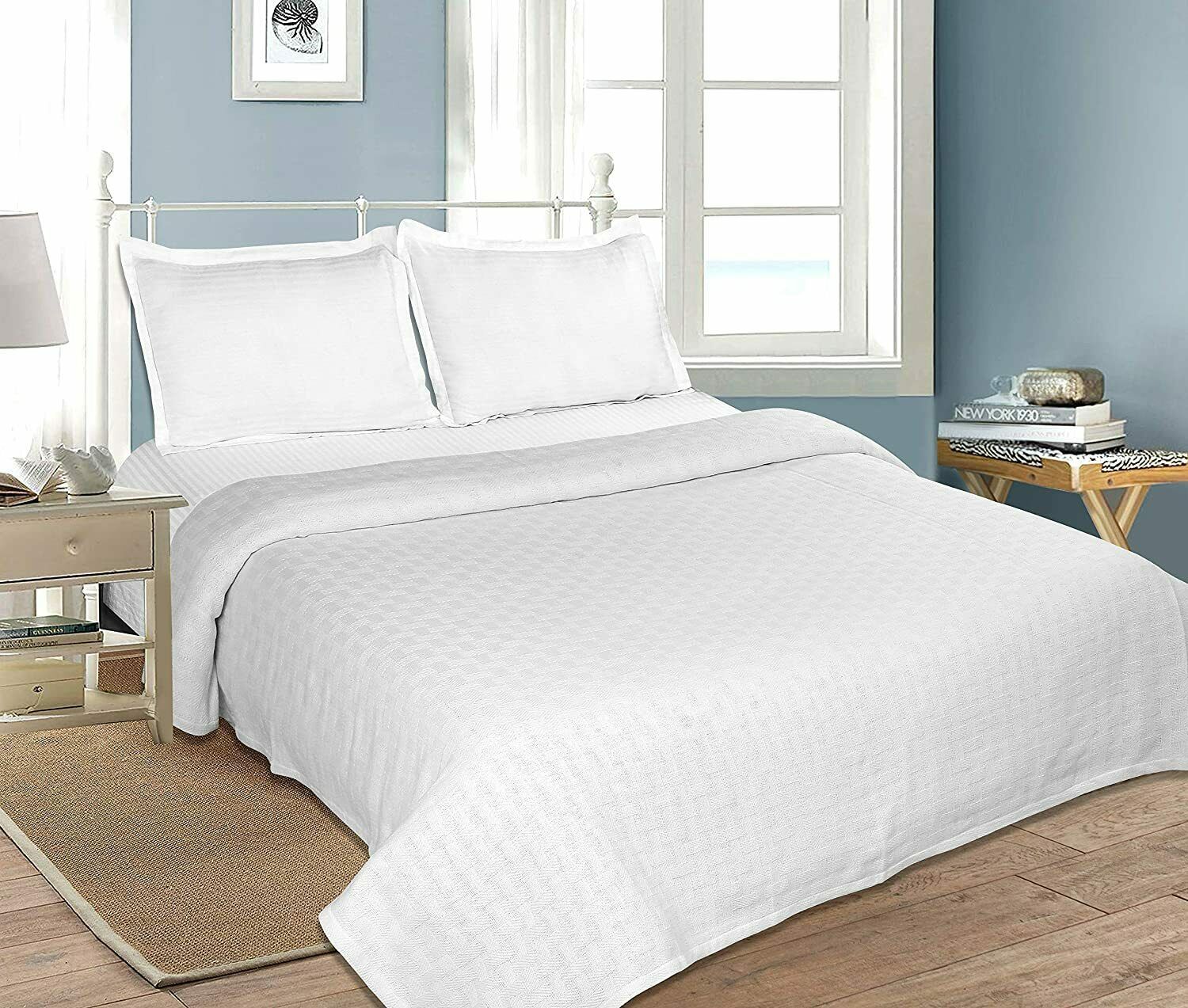 Queen Blanket Cotton Thermal Woven White 90" x 90" Breathable Bedspread