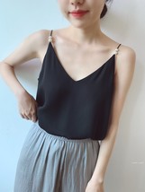 White Women's Chiffon Top Sleeveless V-Neck Chiffon Blouse Tank Tops Pearl Deco  image 6