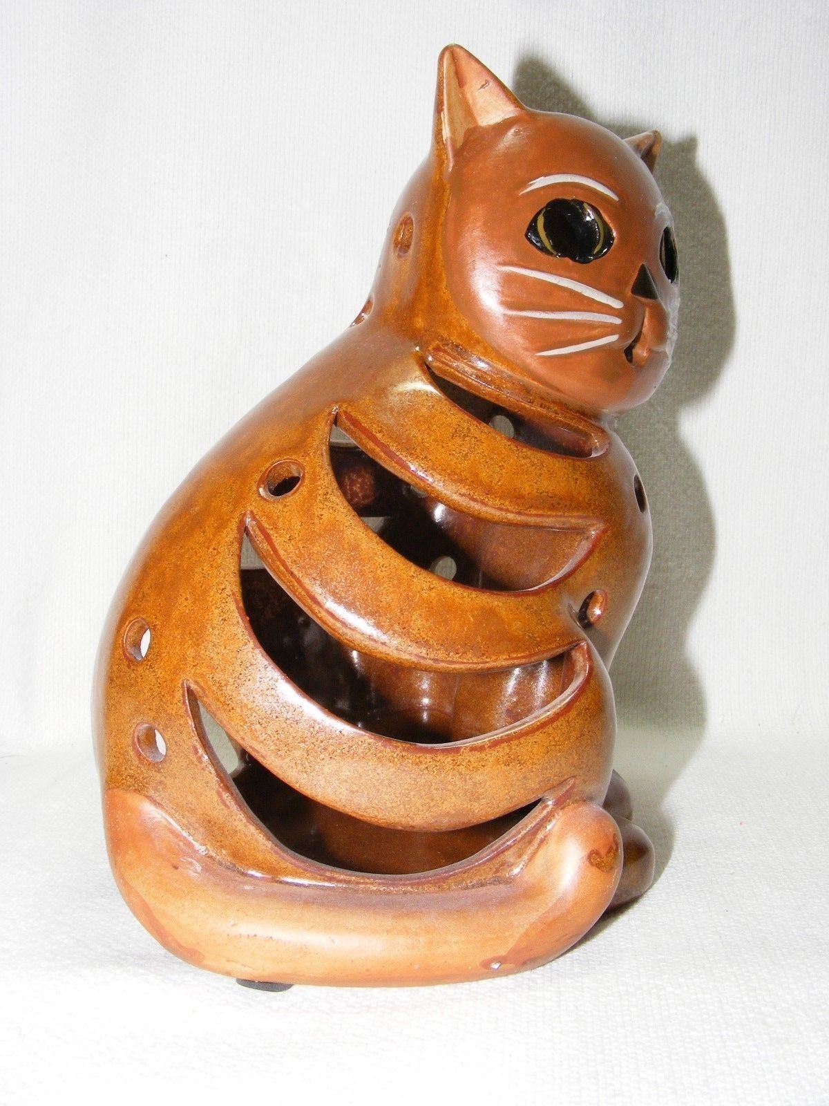Ceramic Cat Votive Candle Holder 7" Tall Brown Hand Painted New no Box