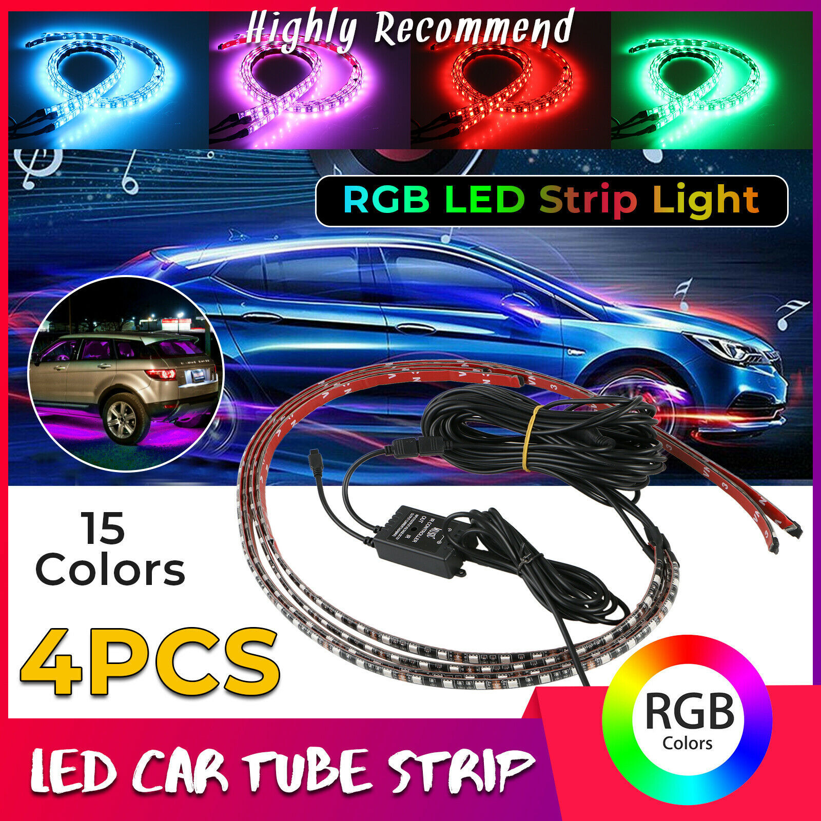 4Pcs RGB 48 LED Strip Under Car Tube Underglow Underbody System Neon Light Kit LED Lights