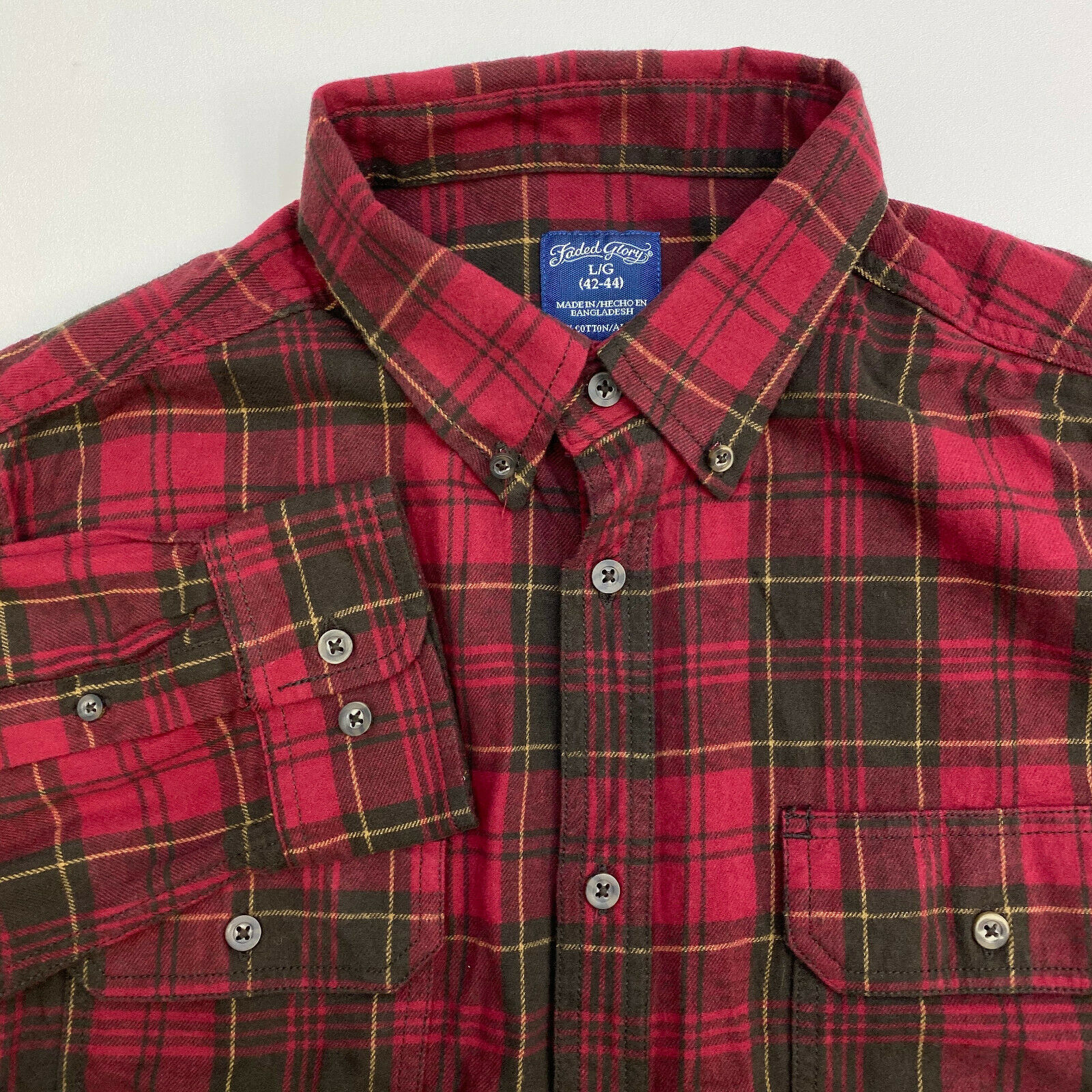 Faded Glory Button Up Shirt Mens Large Red Plaid Flannel Long Sleeve ...